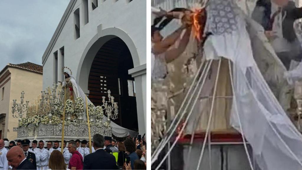 La Virgen del Rocío en su salida y una imagen de archivo del accidente.