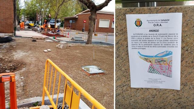 Las obras en el Cuatro de Marzo y el cartel del Ayuntamiento en la zona