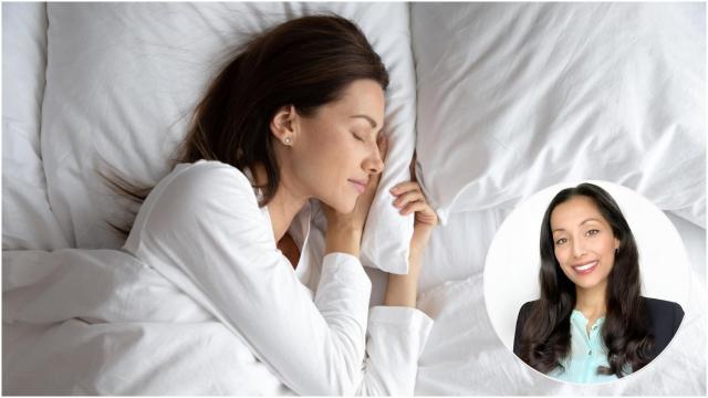 Montaje de una mujer durmiendo y, junto a ella, la científica Susanna Søberg.