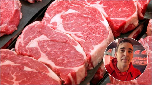 Montaje con carne en carnicería y Rubén Martínez (@elcarnicerotiktoker).