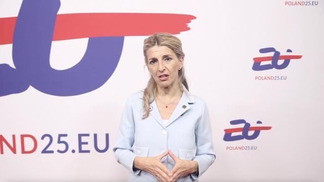 Yolanda Díaz este lunes en el EPSCO de Varsovia.