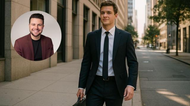 Montaje con joven de 20 años yendo a trabajar y Josh Drean, empresario