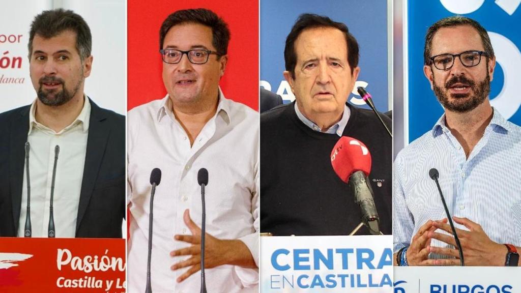 El portavoz del Grupo Socialista en las Cortes, Luis Tudanca, el ministro de Transformación Digital y para la Función Pública, Óscar López, el expresidente de la Junta de Castilla y León Juan José Lucas y el senador Javier Maroto, en un montaje de EL ESPAÑOL