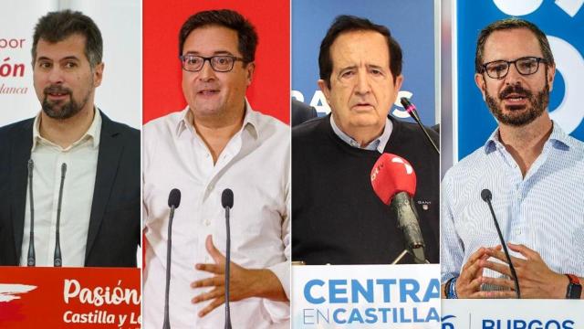 El portavoz del Grupo Socialista en las Cortes, Luis Tudanca, el ministro de Transformación Digital y para la Función Pública, Óscar López, el expresidente de la Junta de Castilla y León Juan José Lucas y el senador Javier Maroto, en un montaje de EL ESPAÑOL