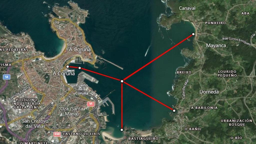 Trayectos marítimos posibles desde A Coruña a Santa Cristina, Santa Cruz  y Mera.