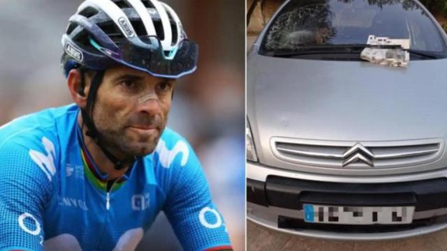 El ciclista Alejandro Valverde junto al Citroën Xsara que conducía el guardia civil retirado Cristóbal, el sábado 2 de julio de 2022, cuando se produjo el atropello en la Carretera de La Ñora.