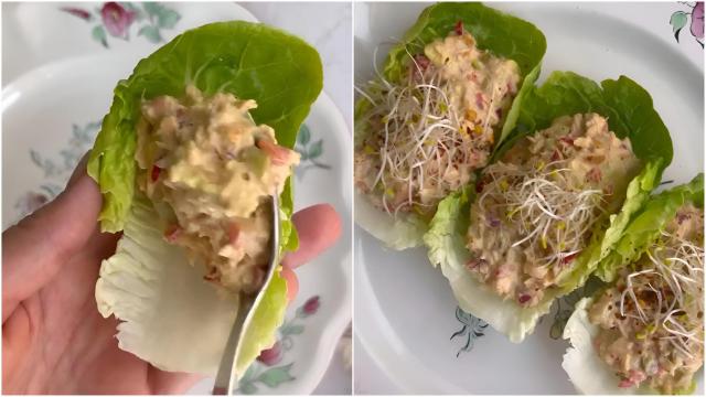 Un montaje de taquitos de lechuga con salmón elaborado por @life.with.spices.