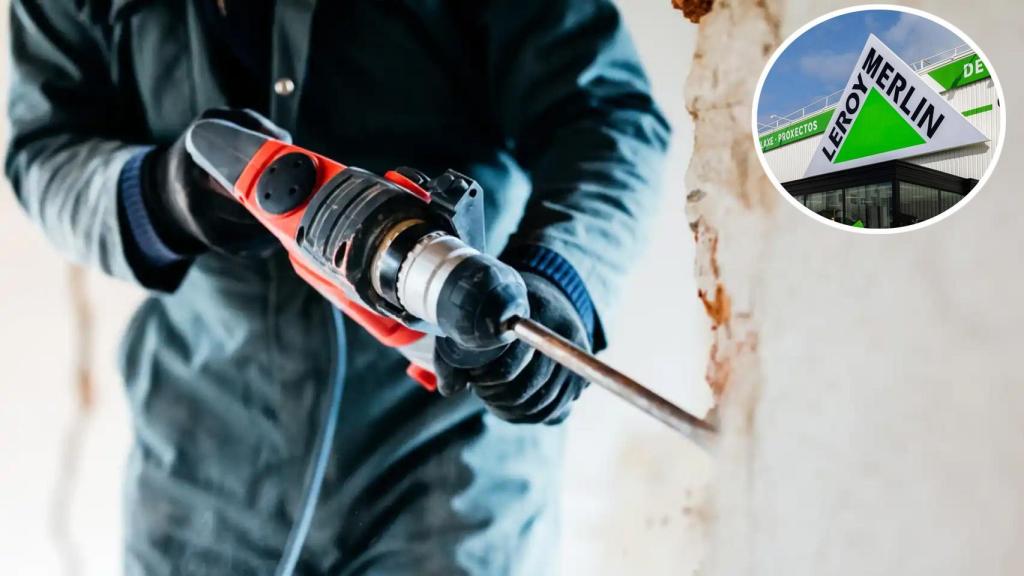 Persona usando un taladro en un fotomontaje con el logo de Leroy Merlin.