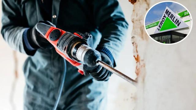 Persona usando un taladro en un fotomontaje con el logo de Leroy Merlin.