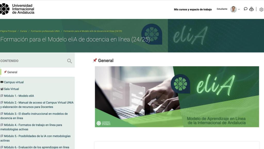 Interfaz del campus online de la UNIA.