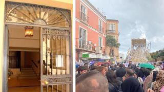 Una imagen del portal donde se refugiaron los nazarenos y del momento de la lluvia.