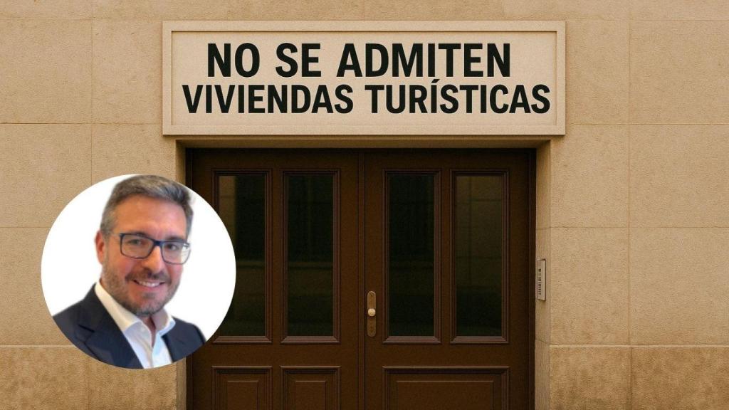 Montaje con un edificio que ha prohibido las viviendas turísticas y Sergio Gutiérrez, experto inmobiliario