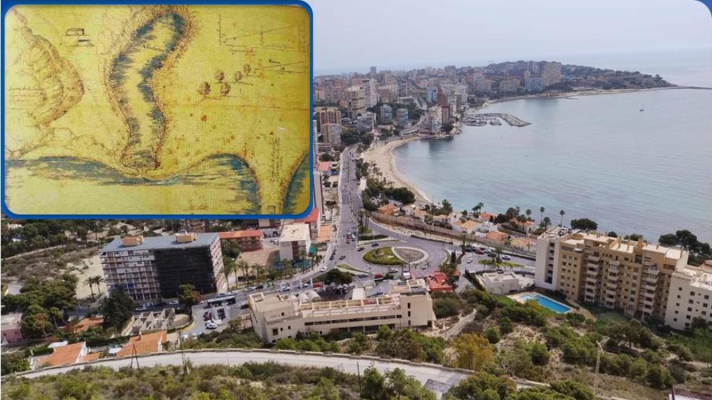 La Albufereta de Alicante con el mapa de la crónica de Biendicho  (siglo XVII) superpuesto en la esquina superior.