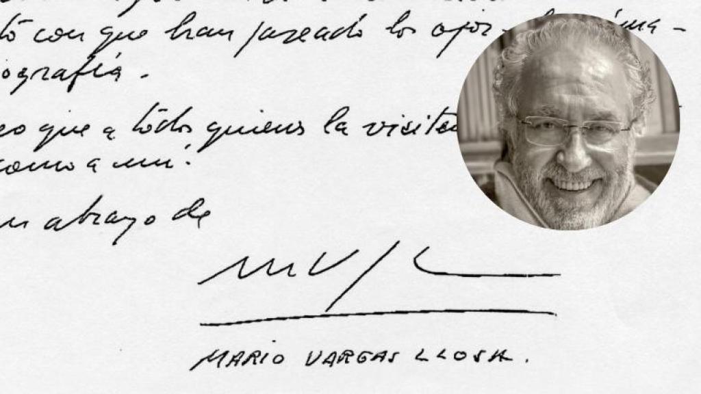 Montaje fotográfico de un retrato de Luis de Toledo en 2024 y una carta que le envió Vargas Llosa.