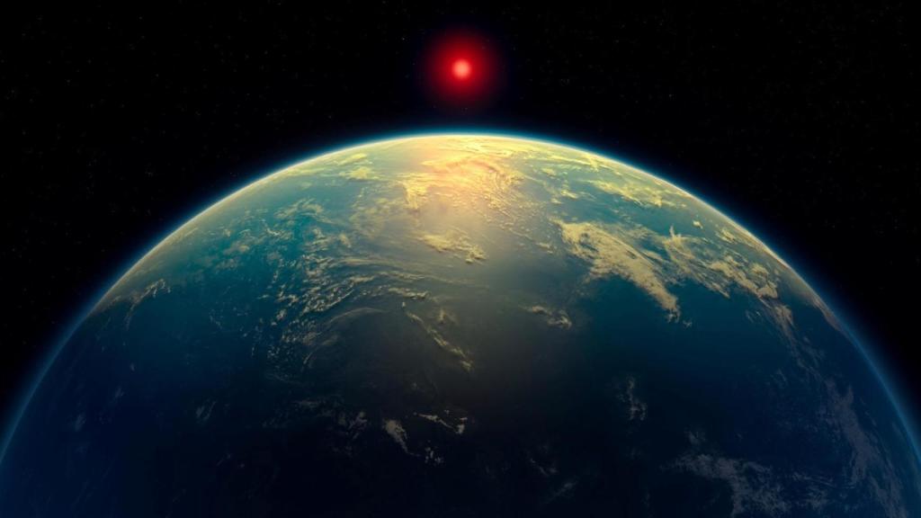 Ilustración de un exoplaneta con un océano de agua líquida bajo una atmósfera rica en hidrógeno.