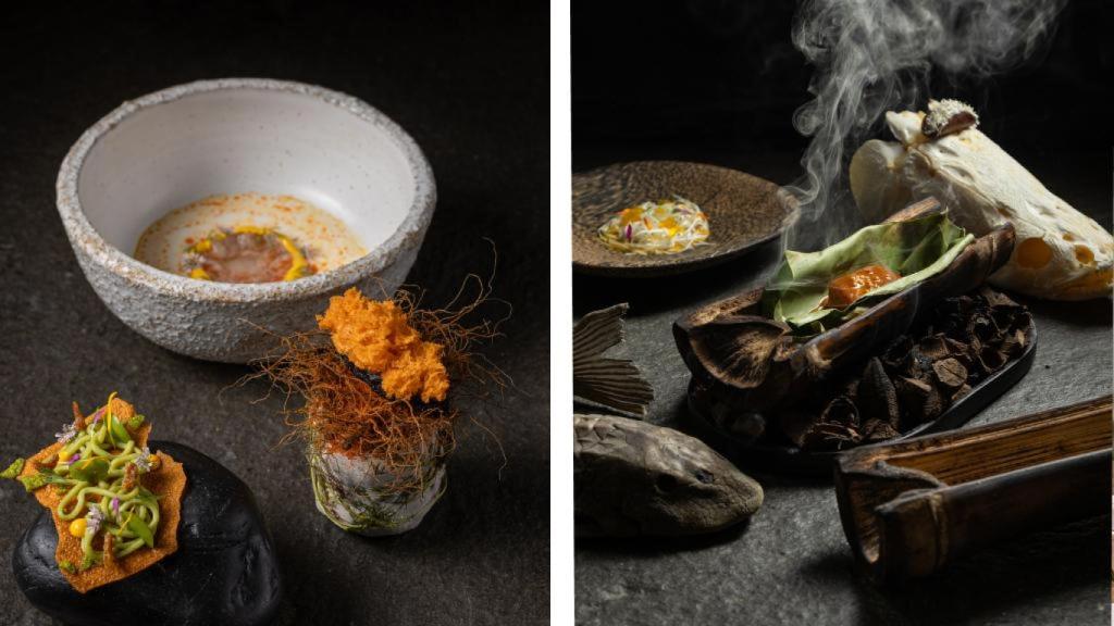 A la izquierda: conchas, suero, ajíes, alcachofa. A la derecha: costilla, papas, cushuro, chincho, leguminosas