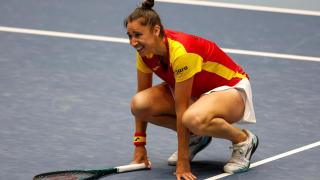 Sara Sorribes, durante un partido de la Billie Jean King Cup.