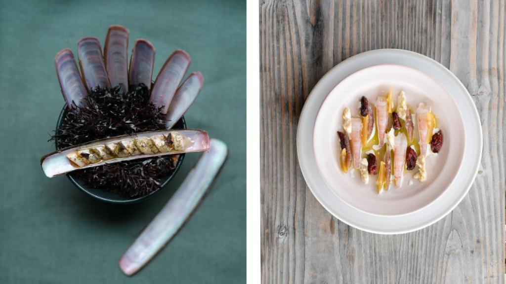 Razor clam, canned pear, salted blueberries, kombu y Shrimps Burnt Salt.