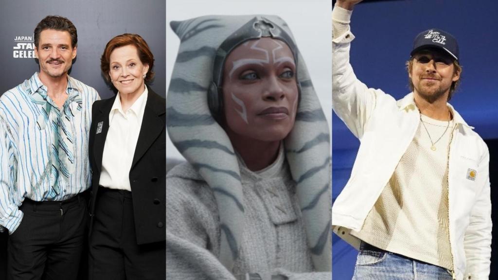 Pedro Pascal, Sigourney Weaver y Ryan Gosling en la 'Star Wars Celebration 2025' y una escena de 'Ahsoka'.