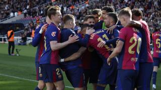 Los jugadores del Barça celebran el gol de Raphinha en la victoria ante el Celta.