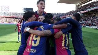 Los futbolistas del Barça celebran un gol contra el Celta.