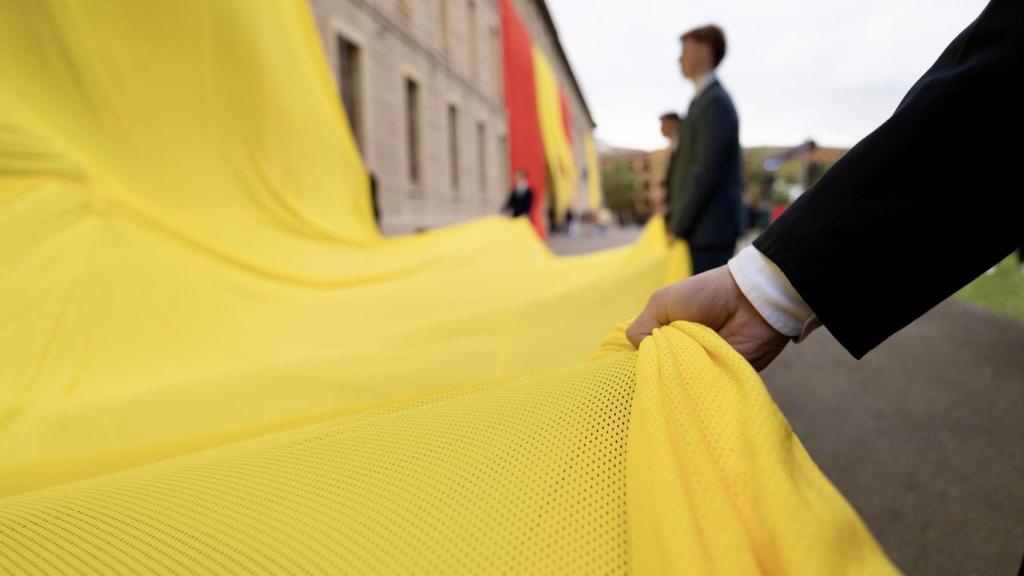 Izado de la bandera de Aragón en la fachada del edificio Pignatelli este domingo