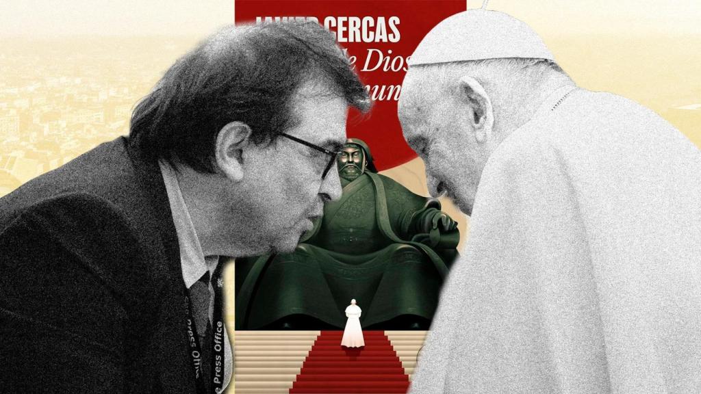 Javier Cercas saluda al papa Francisco. Al fondo, la portada de su libro 'El loco de Dios en el fin del mundo'. Diseño: Rubén Vique