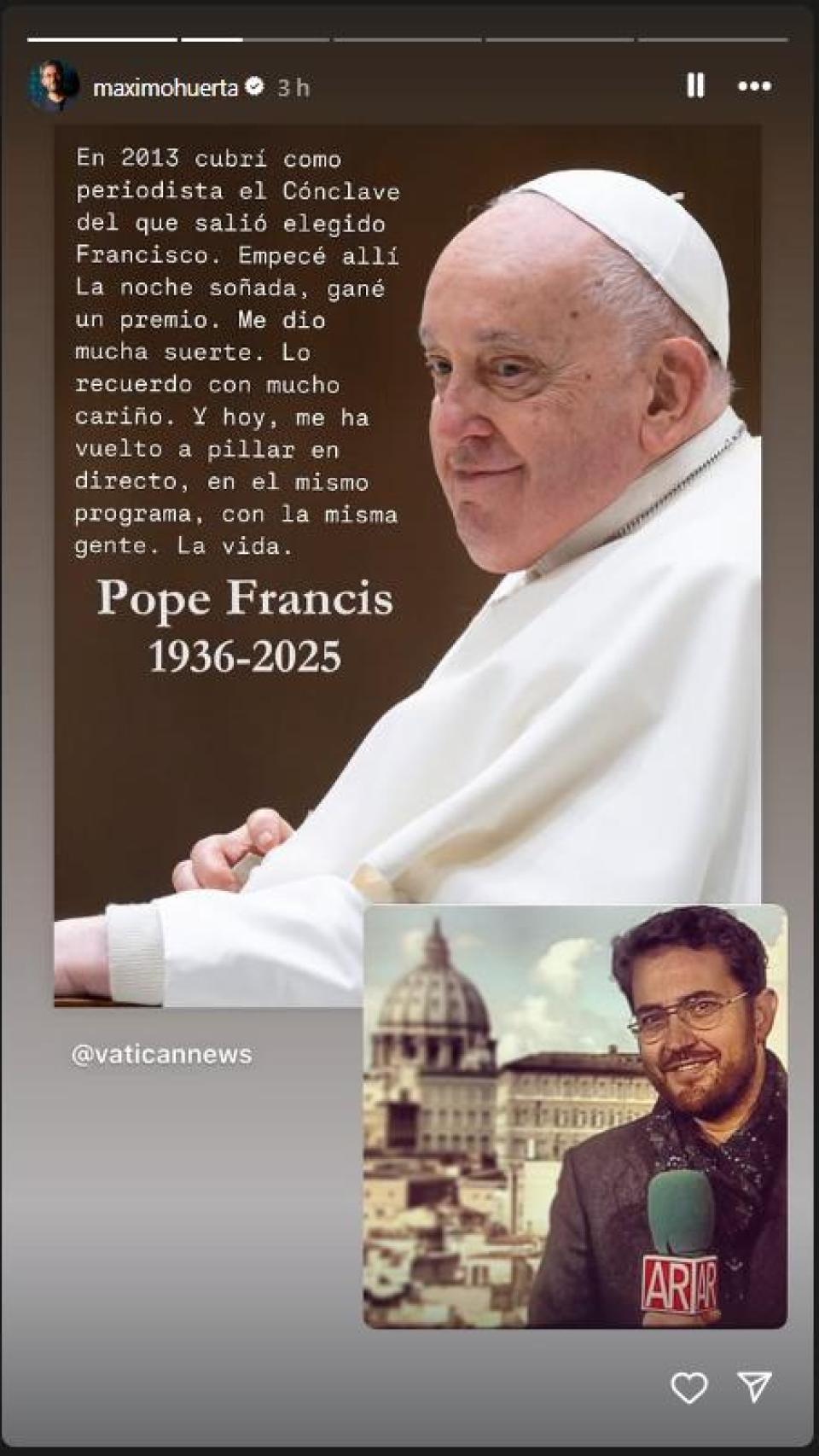 Máximo Huerta se despide en sus redes sociales del Papa Francisco.