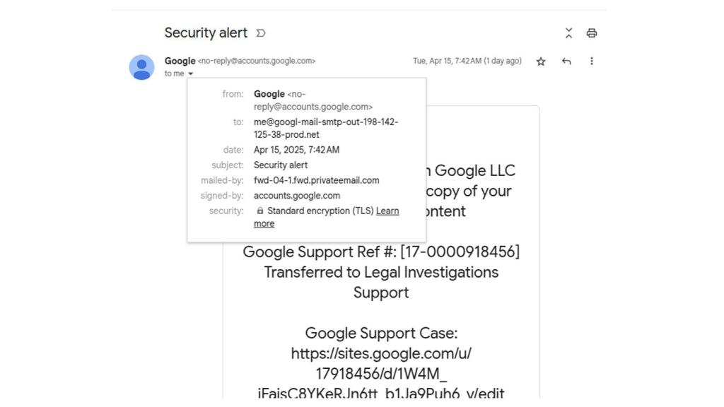 Correo falso y las direcciones que se usan para enviarlo.
