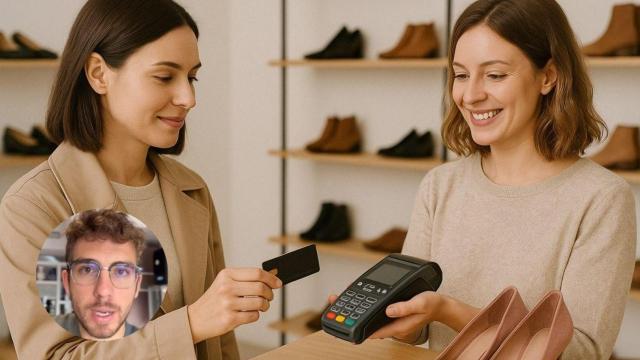 Montaje con autónoma vendiendo zapatos y Dennis Royo Benito, asesor financiero