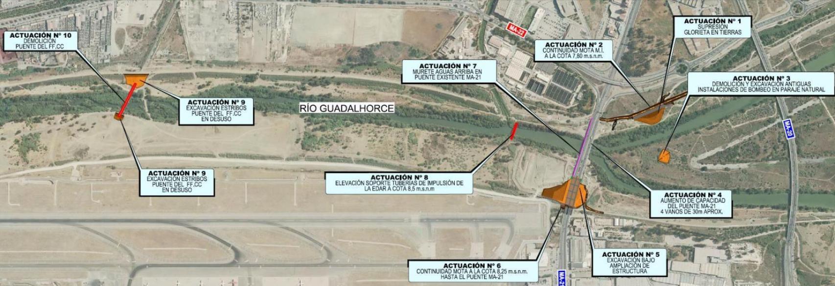 Mapa con el detalle de las actuaciones en el río Guadalhorce.