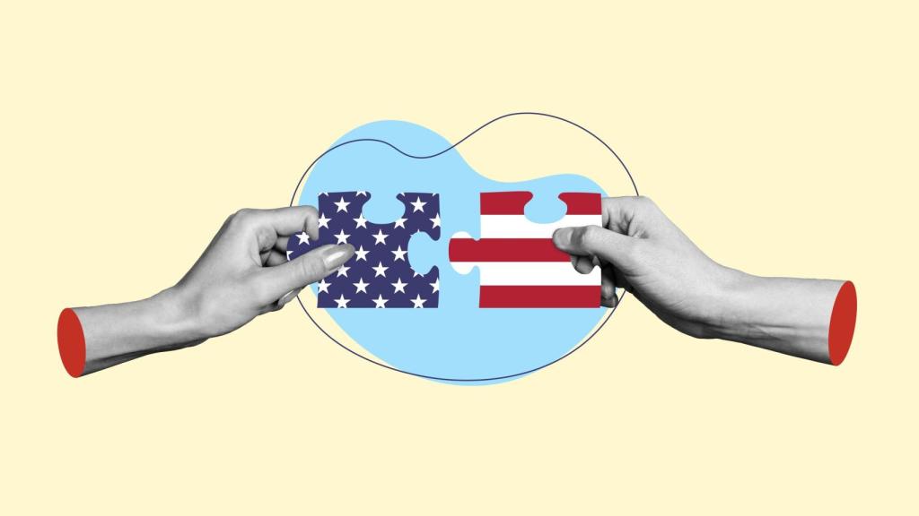 Ilustración de dos manos haciendo un puzle con la bandera de Estados Unidos.