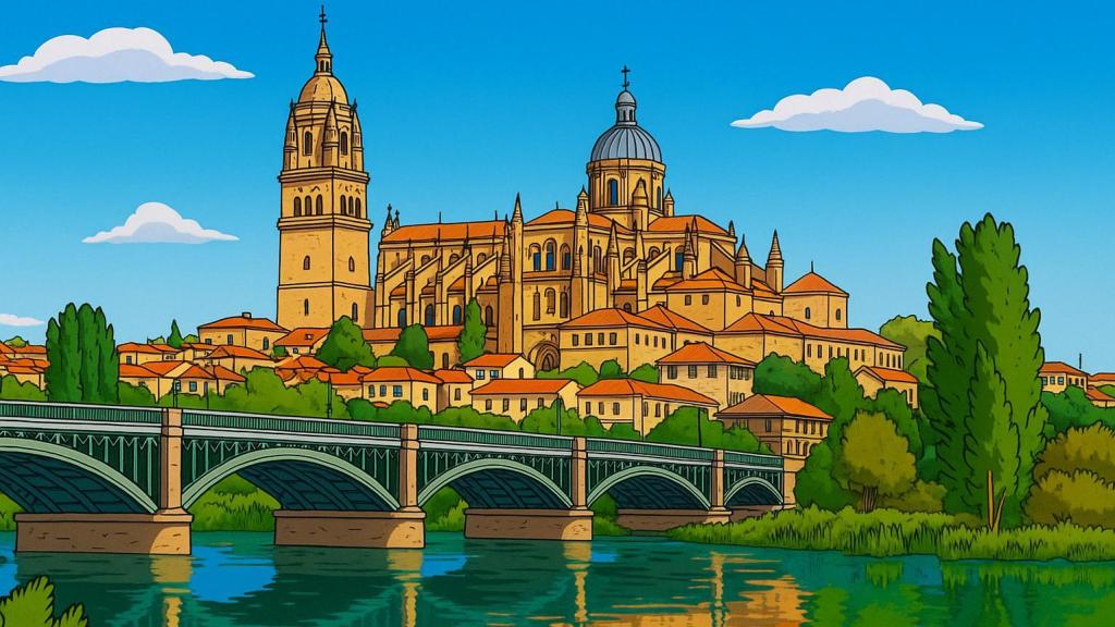 La Catedral de Salamanca , el puente Enrique Estevan y el Río Tormes