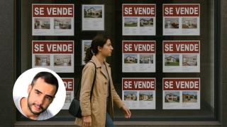 Montaje con una persona pasando frente a una agencia inmobiliaria y Alex Tomas.