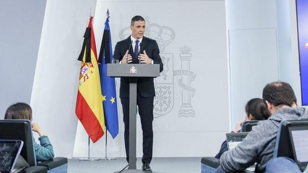 Pedro Sánchez, presidente del Gobierno, comparece ante la prensa, este martes, tras el Consejo de Ministros.