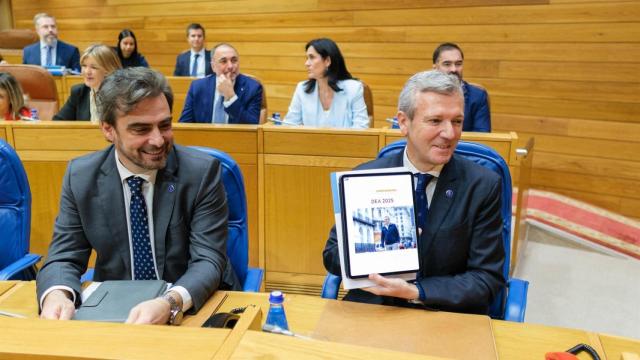 El conselleiro de Presidencia, Justicia y Deportes, Diego Calvo (i), y el presidente de la Xunta de Galicia, Alfonso Rueda (d), durante el debate sobre el Estado de la Autonomía.