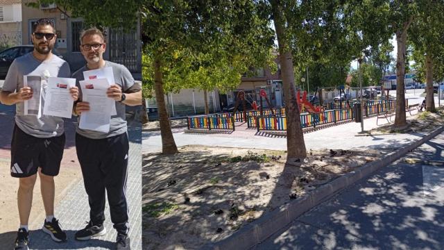 A la izquierda, Félix Armenteros junto con otro vecino de Sangonera la Seca muestran el documento enviado al Ayuntamiento de Murcia solicitando mejorar la seguridad del Parque de la Constitución (imagen derecha).