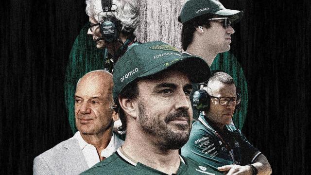 Fernando Alonso, Adrian Newey, Andy Cowell, Mike Crack y Lance Stroll