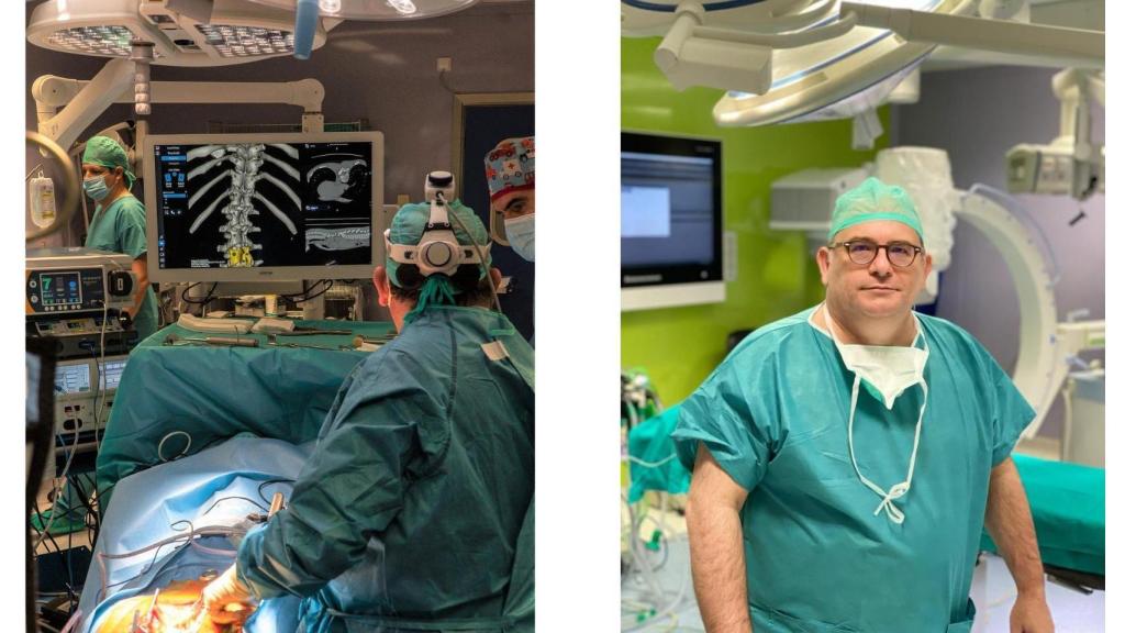 A la izquierda, una cirugía de columna realizada por el doctor Farrington. A la derecha, el doctor.