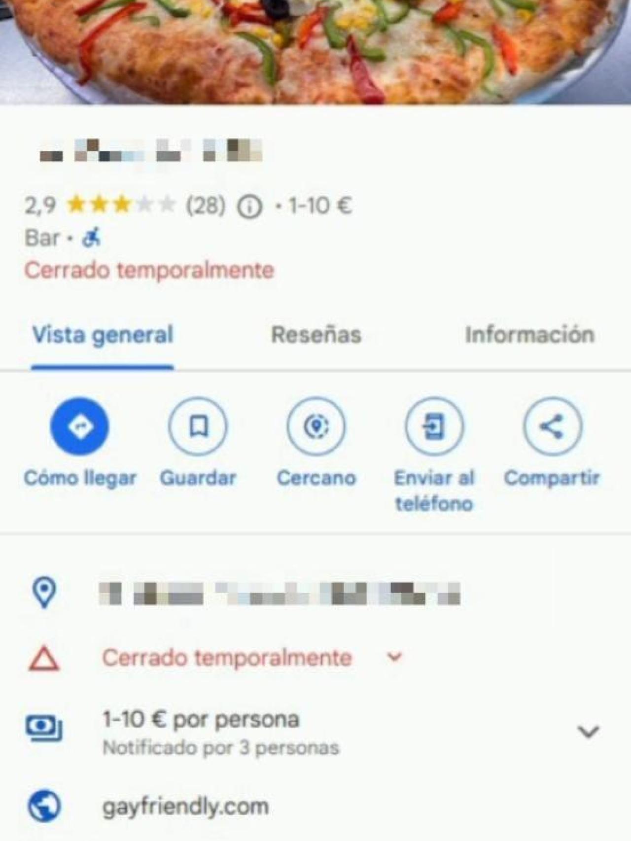 La información que aparece en Google Maps el establecimiento donde tuvieron lugar los hechos, donde se puede observar un enlace que dice 'gayfriendly'.