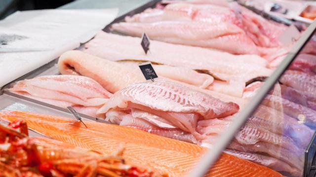Pescados y mariscos frescos expuestos en una pescadería.