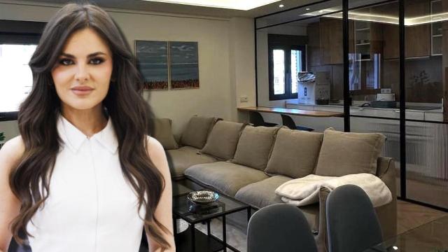 Alexia Rivas junto a su piso de Madrid, en un montaje de JALEOS.