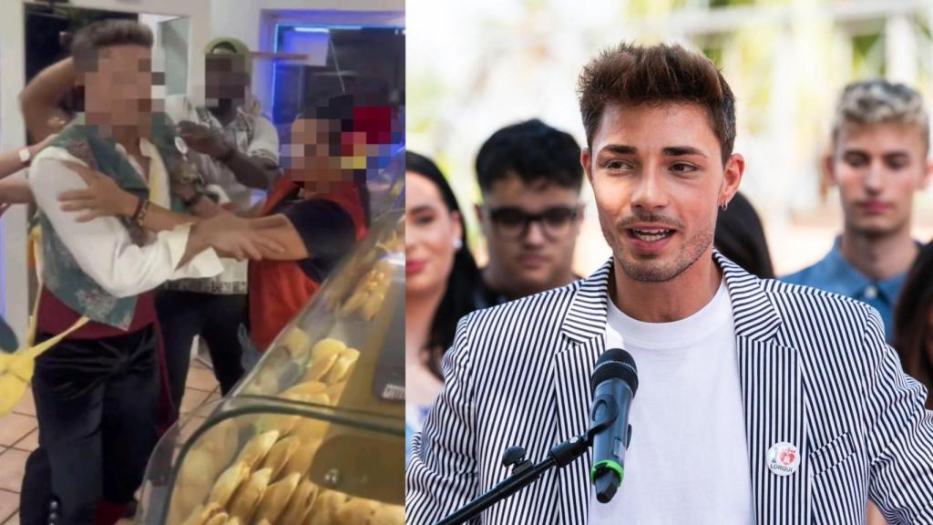 A la izquierda, el concejal Víctor Sáez es sujetado por varios clientes y trabajadores del kebab, momentos antes de ser derribado; y a la derecha, él mismo en un acto público.