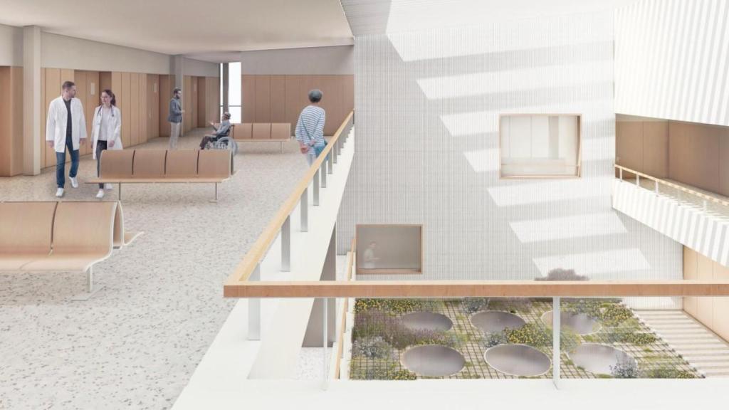 Imagen virtual del futuro centro de salud de Santa Lucía, con un atrio central en el edificio.