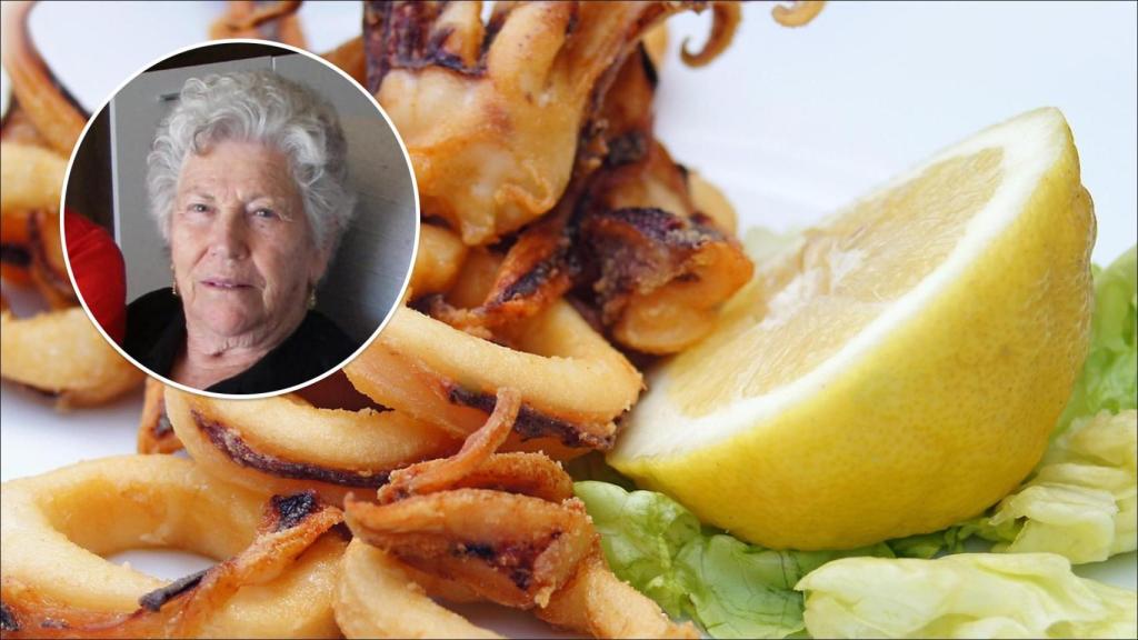 Mi abuela Dolores junto a unos calamares rebozados.
