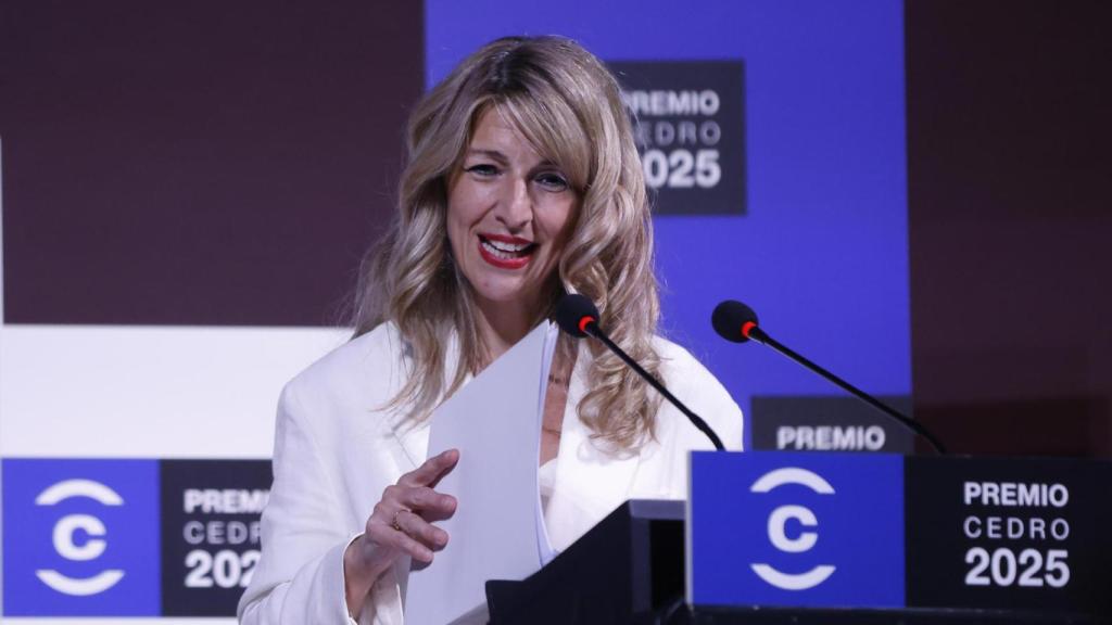 La vicepresidenta segunda y ministra de Trabajo y Economía Social, Yolanda Díaz en el acto de entrega del premio CEDRO. Foto: EFE/ Blanca Míllez