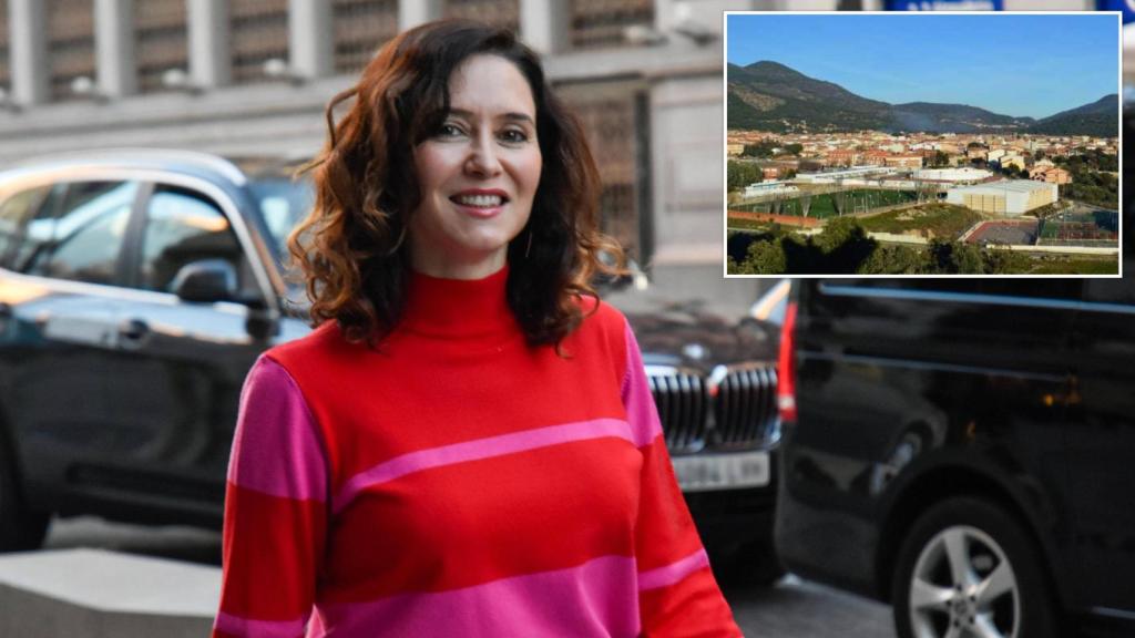 La presidenta de la Comunidad de Madrid, Isabel Díaz Ayuso, junto a una panorámica de Sotillo de la Adrada (Ávila)