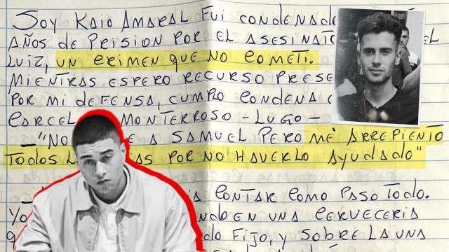 Kaio Amaral (i.), uno de los asesinos del joven Samuel Luiz (d.). De fondo, la misiva a la que ha accedido en exclusiva EL ESPAÑOL.