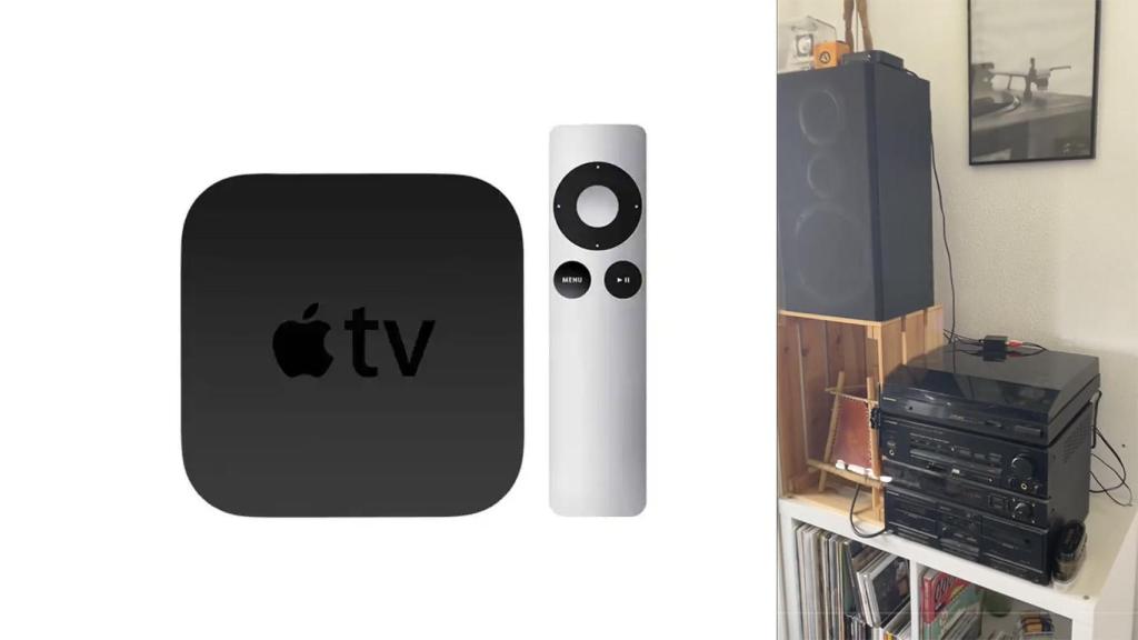 Fotomontaje con un Apple TV antiguo y la cadena de música de Ortega.