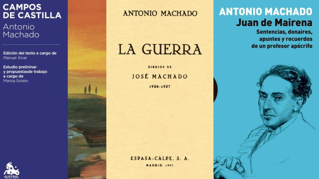 Cubiertas de los libros 'Campos de Castilla', 'La guerra' y 'Juan de Mairena', de Antonio Machado.